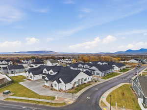 Aerial perspective of suburban area with mountains