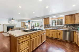 Open concept transition space.  Large center island with gas burners.