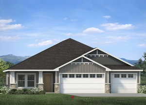 Craftsman house with a mountain view, stone siding, board and batten siding, a shingled roof, and a garage