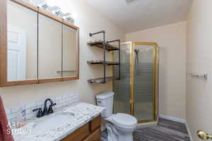 Bathroom with vanity, a shower stall, tasteful backsplash, and dark wood-type flooring