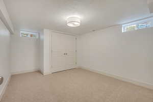 Basement with plenty of natural light, a textured ceiling, and light colored carpet