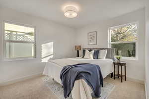 Carpeted bedroom featuring multiple windows