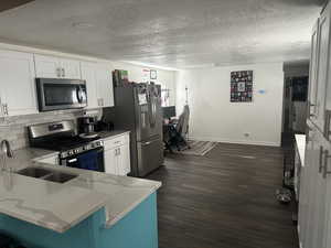 Kitchen with stainless steel appliances, white cabinets, a textured ceiling, dark wood-style flooring, and tasteful backsplash