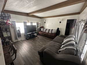 Living room featuring a textured ceiling and dark wood finished floors