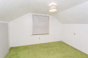 Bonus room featuring a textured ceiling, carpet, and vaulted ceiling