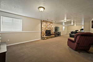 Family Room area featuring a wood stove, a textured ceiling, and carpet flooring