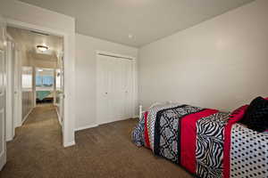 Bedroom featuring carpet floors and a closet