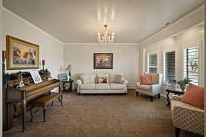 Carpeted living room featuring a chandelier, ornamental molding, a textured ceiling, and a baseboard radiator
