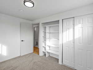 Bedroom with two closets and light colored carpet