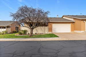 View of front SOUTH FACING HOME featuring brick siding, concrete driveway, an attached garage, and a shingled roof