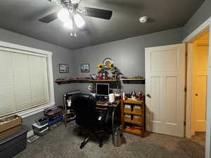 Office with dark carpet and a ceiling fan