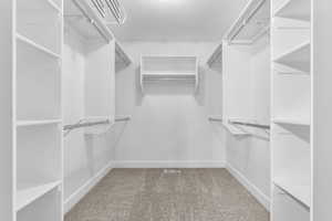 Walk in closet featuring light carpet