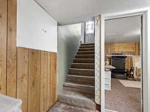 Staircase featuring wooden walls, a textured ceiling, and carpet flooring