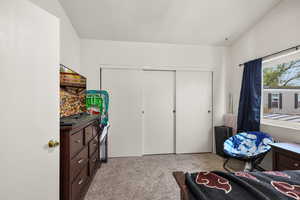 Carpeted bedroom with a closet