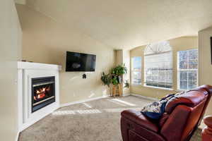 Living room with carpet flooring, a glass covered fireplace, vaulted ceiling, and a textured ceiling