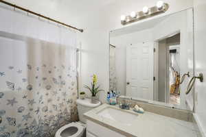 Bathroom with a shower with curtain and vanity