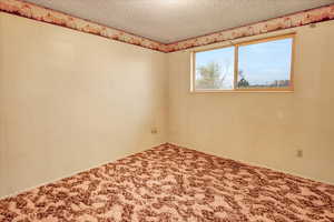 Carpeted spare room with a textured ceiling