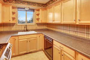 Kitchen with open shelves, electric range, dishwasher, and decorative backsplash