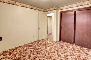 Unfurnished bedroom featuring a textured ceiling, carpet, and a closet