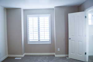 Unfurnished bedroom featuring carpet flooring, shutters, feature wall and walk in closet.