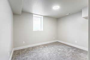 Bedroom area with light carpet and a textured ceiling