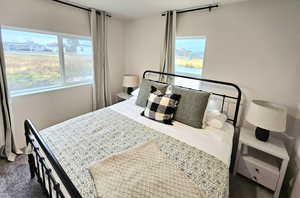 Bedroom featuring multiple windows and dark colored carpet