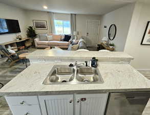 Kitchen featuring light countertops, stainless steel dishwasher, light wood finished floors, and a kitchen island with sink