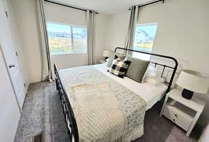 Bedroom with dark carpet