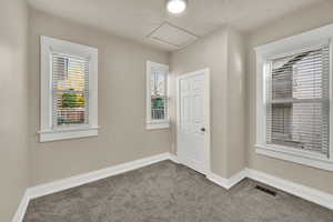 Carpeted empty room featuring attic access, healthy amount of natural light, and a textured ceiling