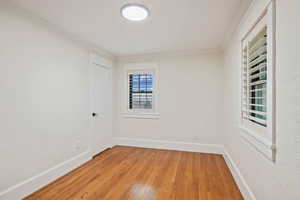 Spare room with light wood-style floors and crown molding