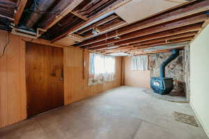Basement featuring a wood stove and wood walls