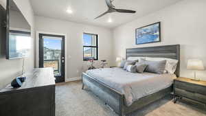 Bedroom featuring light carpet, access to outside, ceiling fan, and recessed lighting