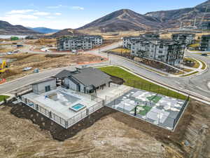 Drone / aerial view of a mountainous background