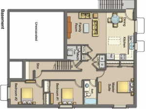 On this lot, basement stairs will go down the back. if Apt option is selected, kitchen layout will be modified.