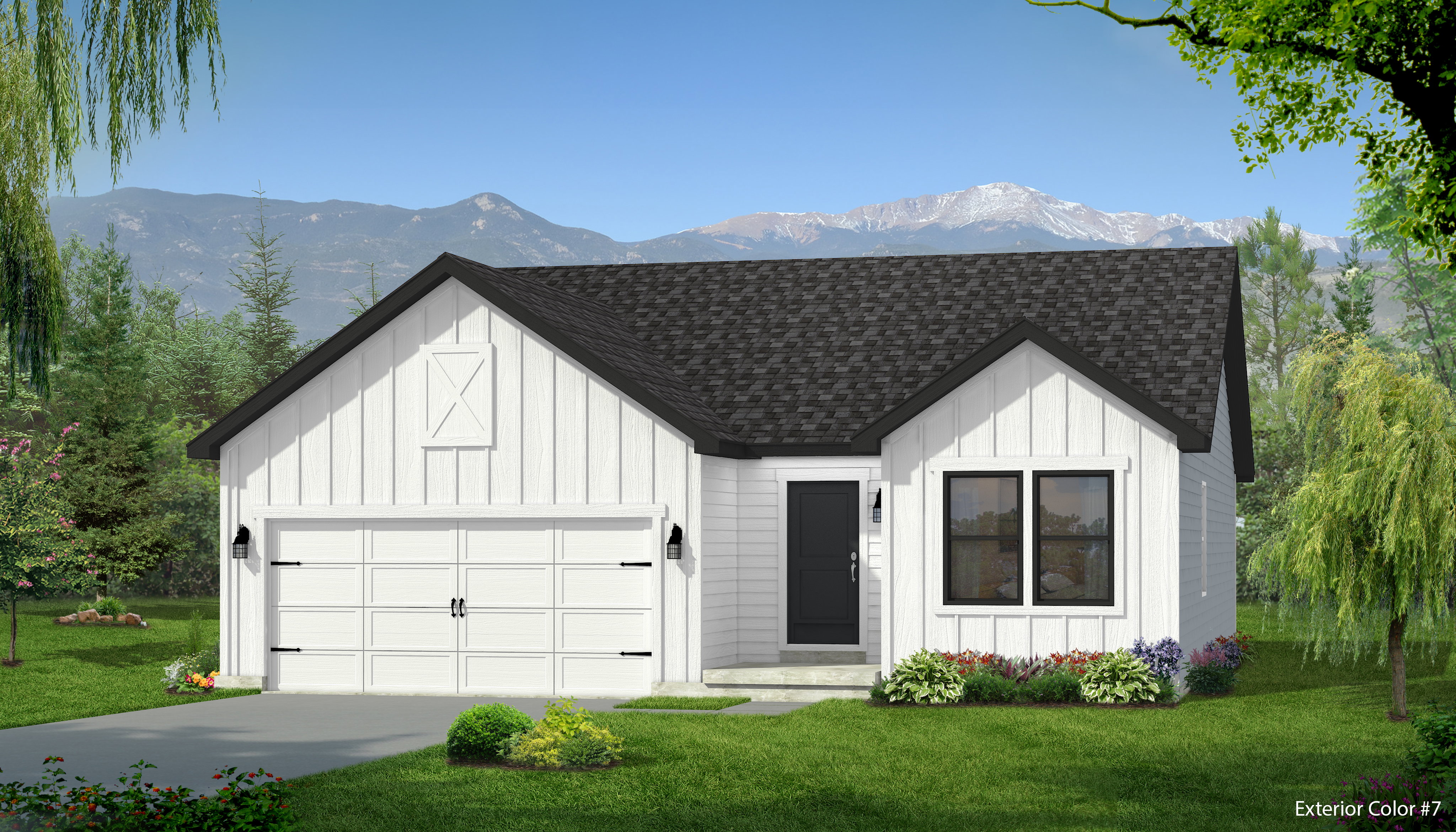 Modern inspired farmhouse with a shingled roof, a mountain view, a front yard, and board and batten siding