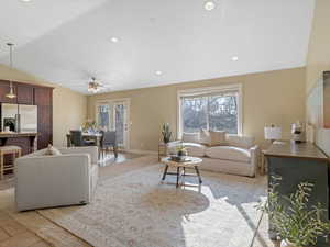 Vaulted ceilings make this kitchen/great room light and bright