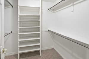 Primary walk in closet with light carpet