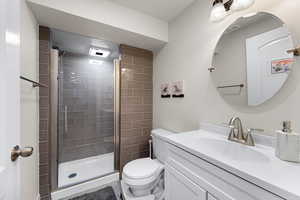Bathroom with vanity and a shower stall