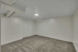 Bedroom featuring light carpet and a spacious closet