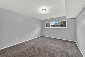 Empty room with carpet flooring and a textured ceiling