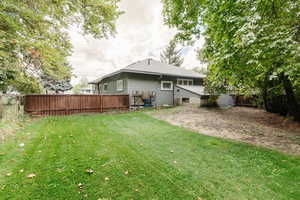 Back of house featuring a fenced backyard and a shingled roof