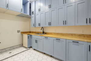 Kitchen with wood counters and gray cabinets