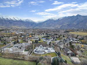 Aerial view of residential area with mountains