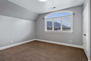 Additional living space featuring vaulted ceiling and carpet flooring