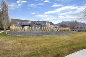 Back of house with a yard, stucco siding, and a mountain view