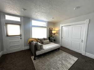 Living area featuring a textured ceiling and dark colored carpet