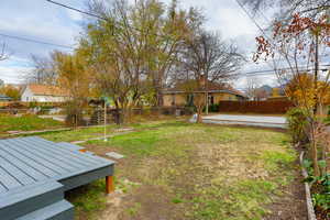 Fenced backyard featuring a wooden deck