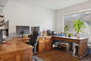 Home office featuring dark wood-style floors