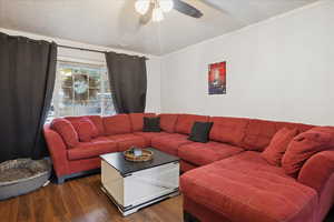 Living area featuring dark wood-type flooring, a textured ceiling, ornamental molding, and a ceiling fan