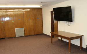 Multipurpose room with carpeted floors and built-in storage